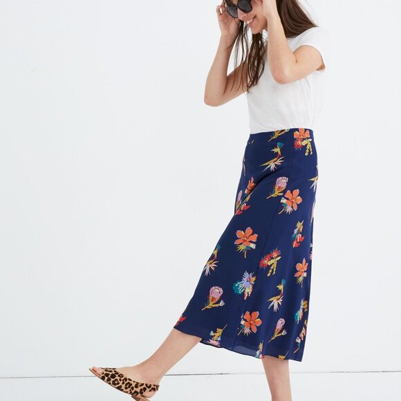Madewell Silk Atrium Midi Skirt Bird of Paradise Floral Blue Size 10 - Picture 7 of 14
